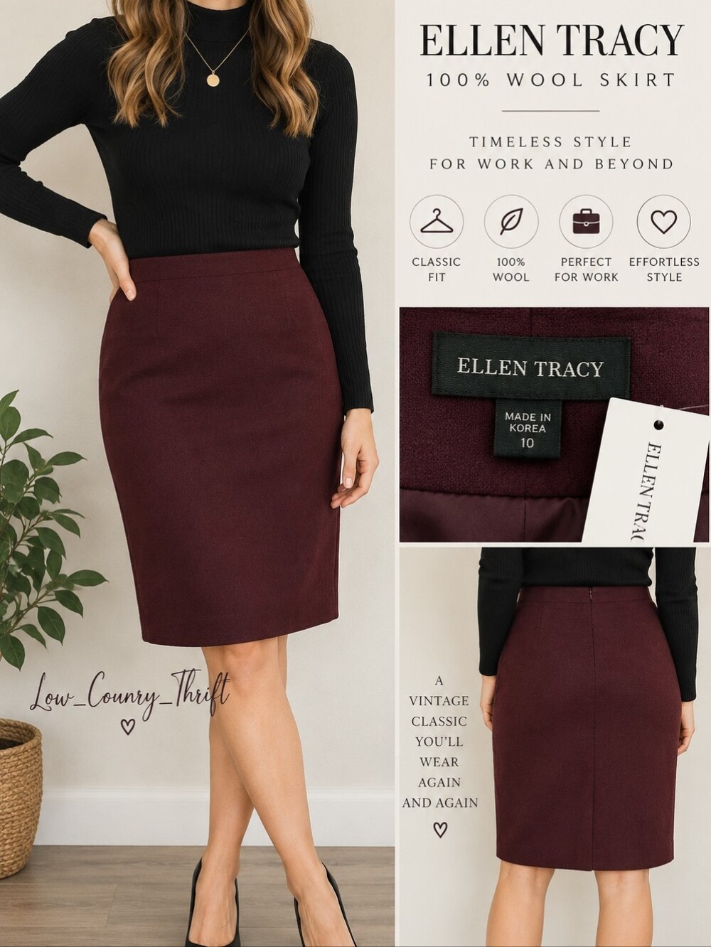 Ellen Tracy 100% Wool Skirt Women's 10 Burgundy Pencil NWT